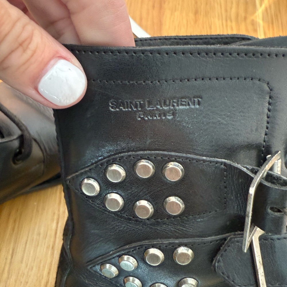 Saint Laurent Smooth Calfskin Studded Strap Rangers Boots | Size 37.5 - Picture 8 of 10